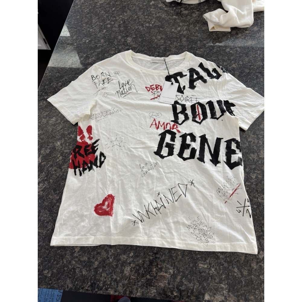 FAITH CONNEXION Size S White Black Red Print Cotton Crew-Neck T-shirt NWT